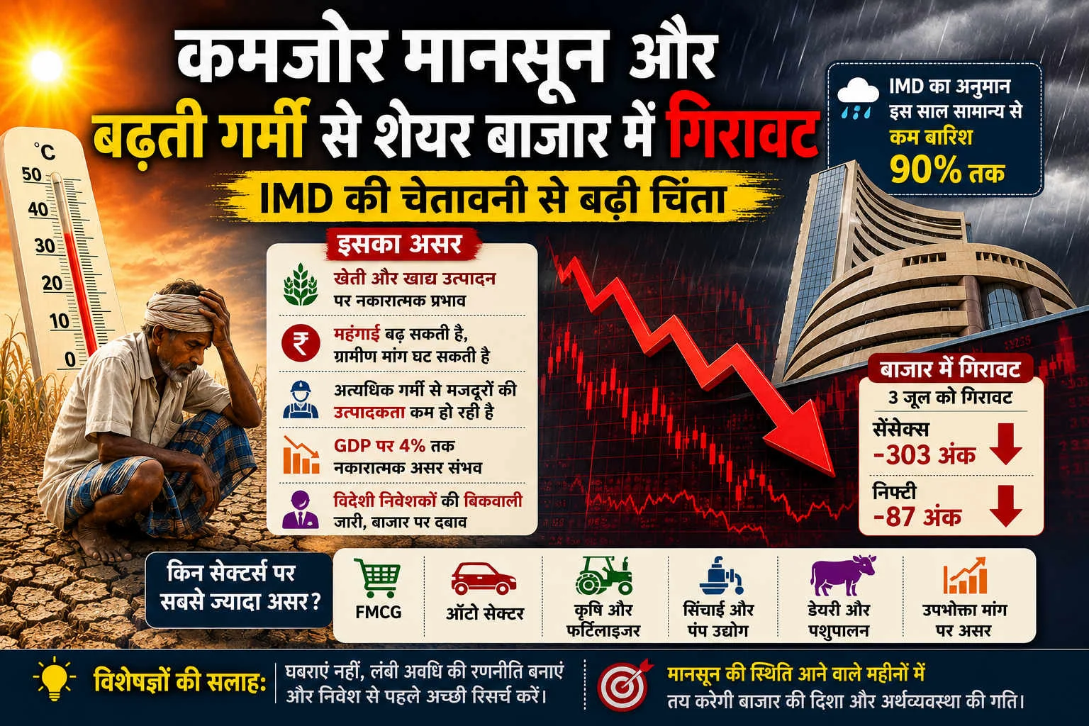 कमजोर मानसून और बढ़ती गर्मी से शेयर बाजार में गिरावट, IMD की चेतावनी से बढ़ी चिंता